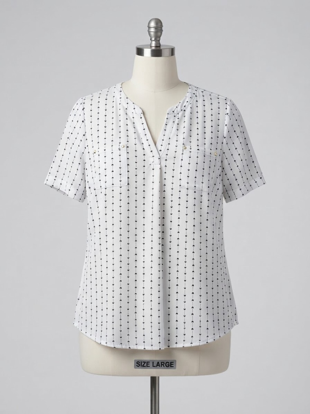 Notch V-Neck Short-Sleeve Printed Blouse in White